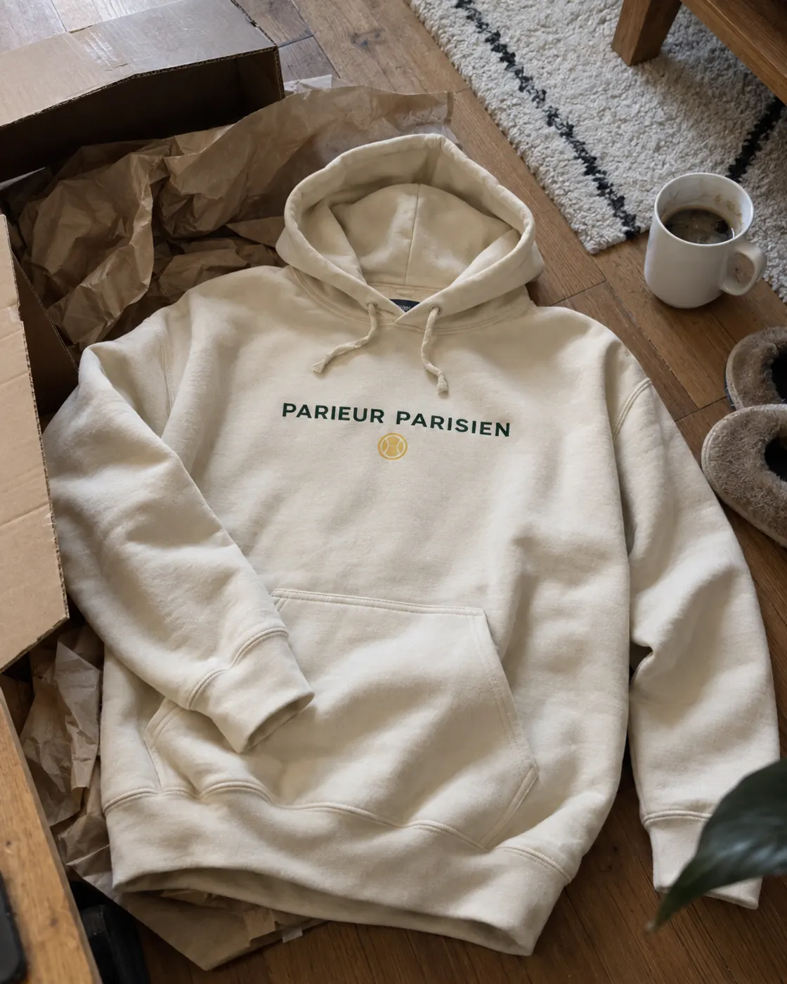 Parieur Parisien — hoodie crème porté par un client