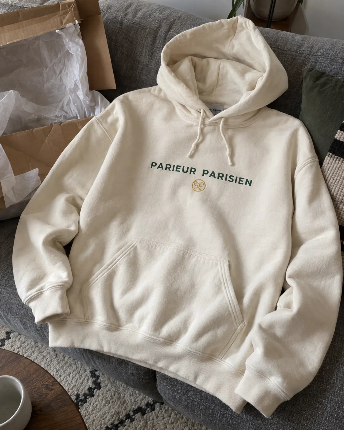 Parieur Parisien — hoodie crème porté par un client
